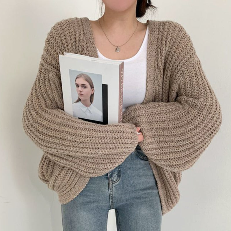 Cardigan gros tricotat pentru femei, mâneci bufante, croială lejeră, stratificabil