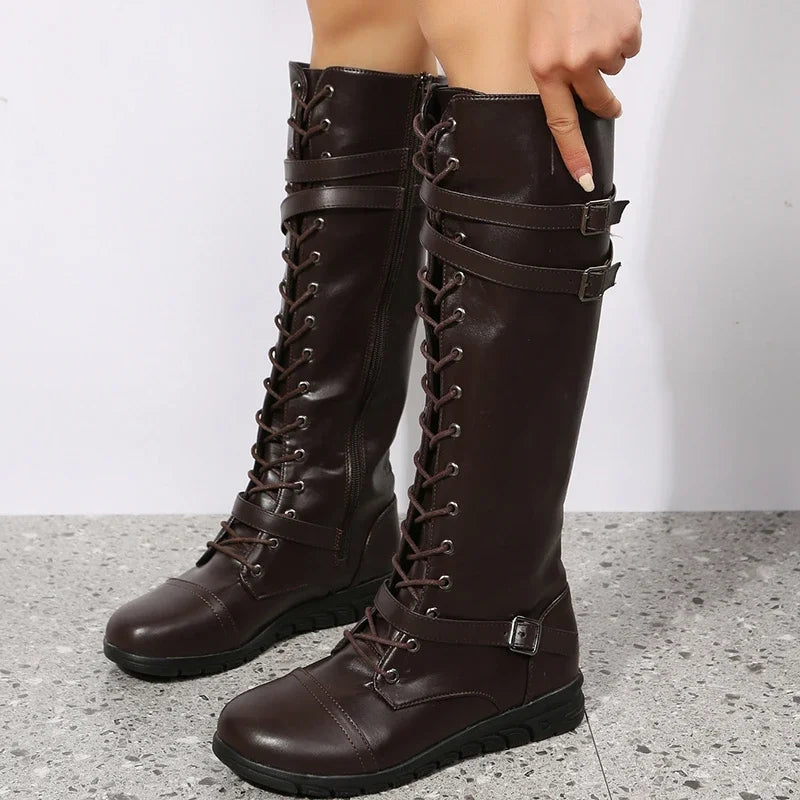 Women’s Leather Knee-High Lace-Up Boots – Buckle-Strap Side-Zip Winter Combat Boots