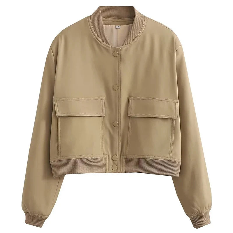 Women’s Relaxed Fit Bomber Jacket – Cropped Snap-Front Layer for Autumn and Winter Casual Wear