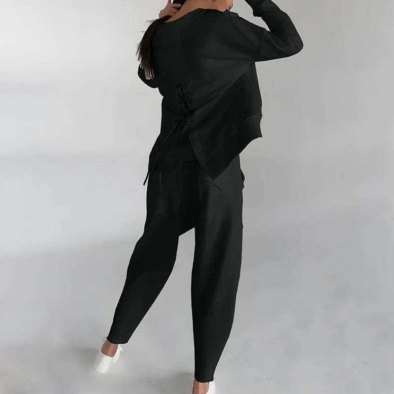 Sweatshirt voor dames met ronde hals en cargojogger – relaxte tweedelige casual outfit