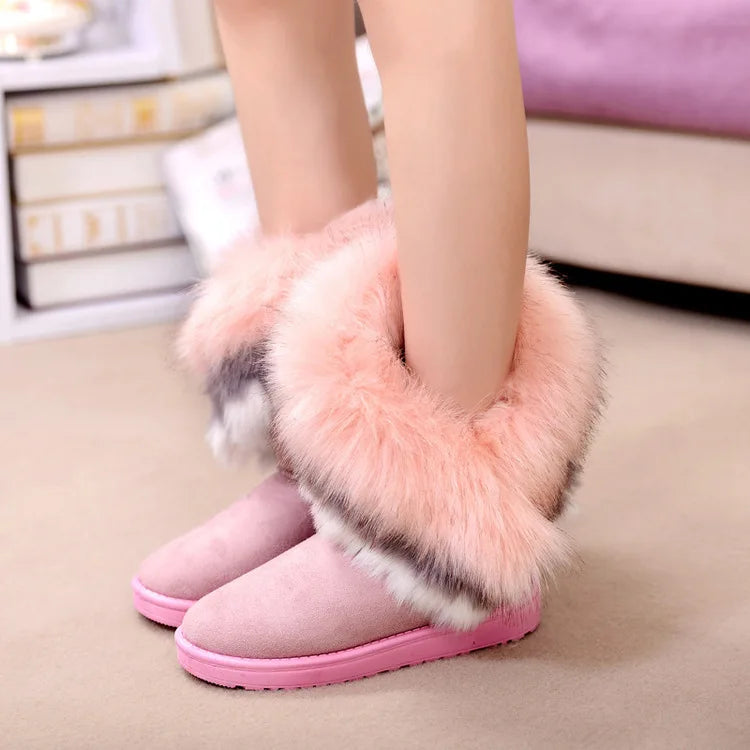 Botas de invierno para mujer con forro de piel sintética - botas de nieve sin cordones con aspecto de ante para el uso diario en climas fríos