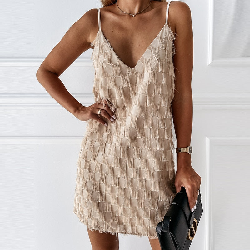 Vestido Mini de Flecos para Mujer con Textura, Escote en V y Sin Mangas