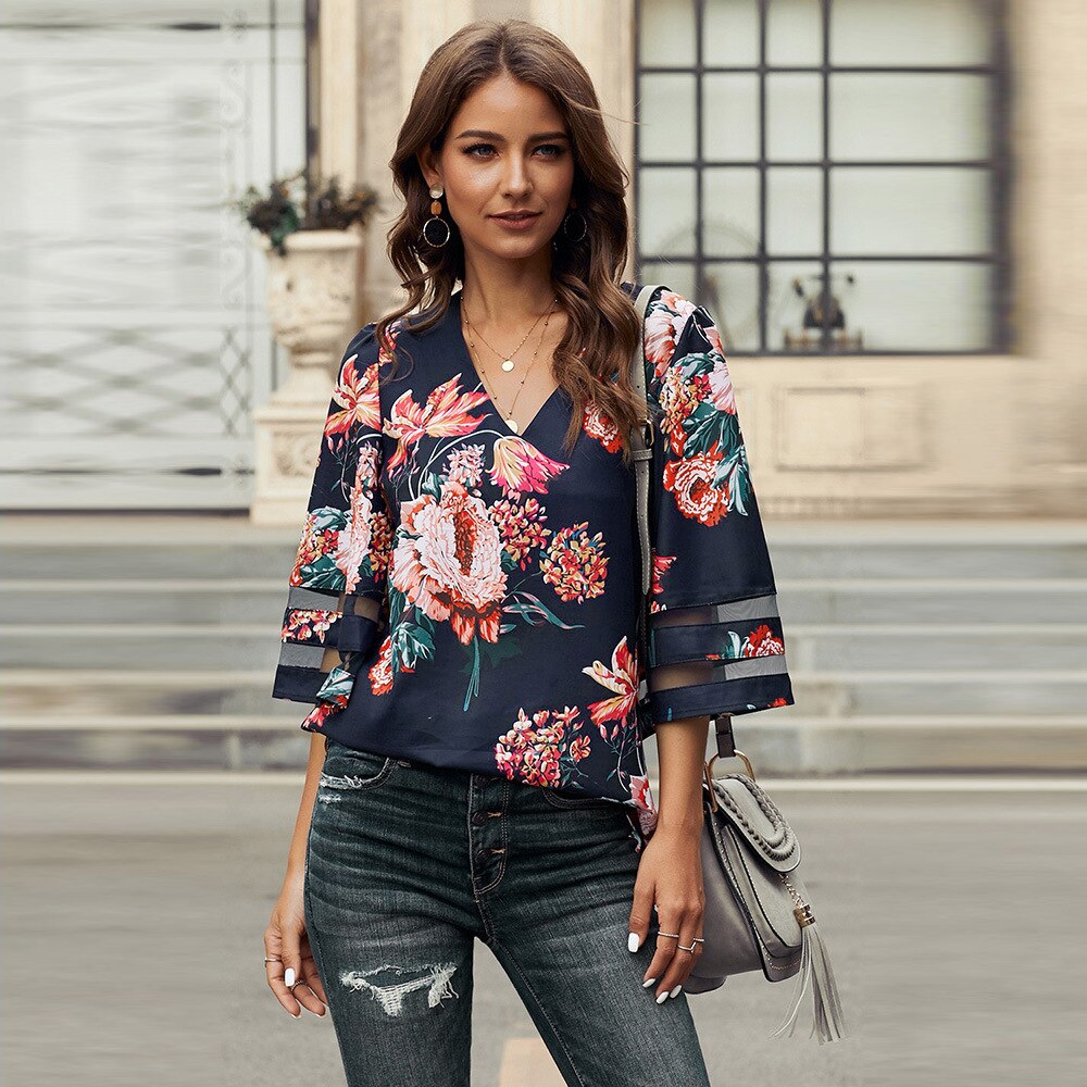 Bluză florală pentru femei, cu decolteu în V, ușoară, croială lejeră, mâneci 3/4