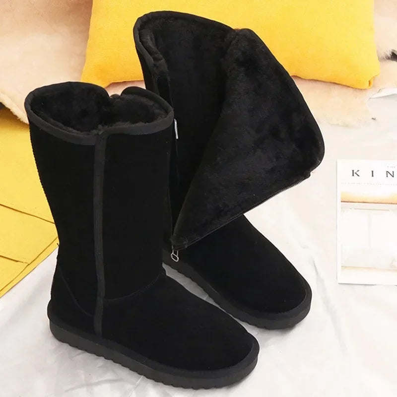 Botas de nieve para mujer de cuero auténtico, hasta la rodilla - botas de invierno impermeables con forro de piel