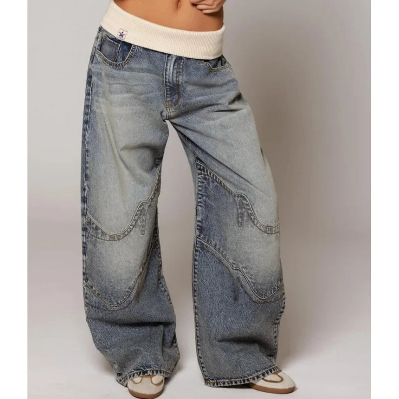 Vaqueros holgados de pierna ancha para mujer - Pantalón vaquero elástico de corte relajado con cintura acanalada para un estilo urbano informal y el día a día