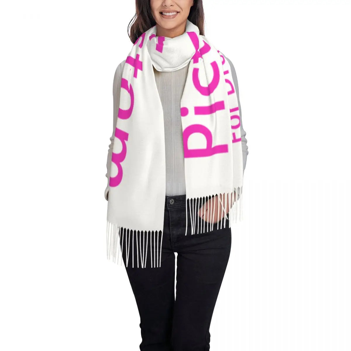 Women’s Personalised Printed Winter Scarf – Soft Fringed Polyester Wrap with Custom Photo or Logo for Autumn and Winter Wear