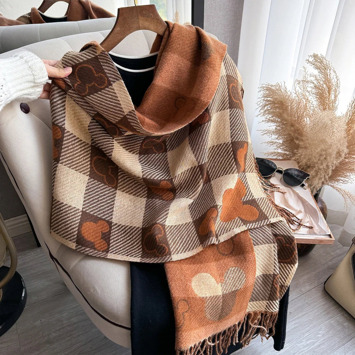 Women’s Cashmere Winter Scarf – Thick Printed Fringed Wrap for Warm Elegant Cold-Weather Layering