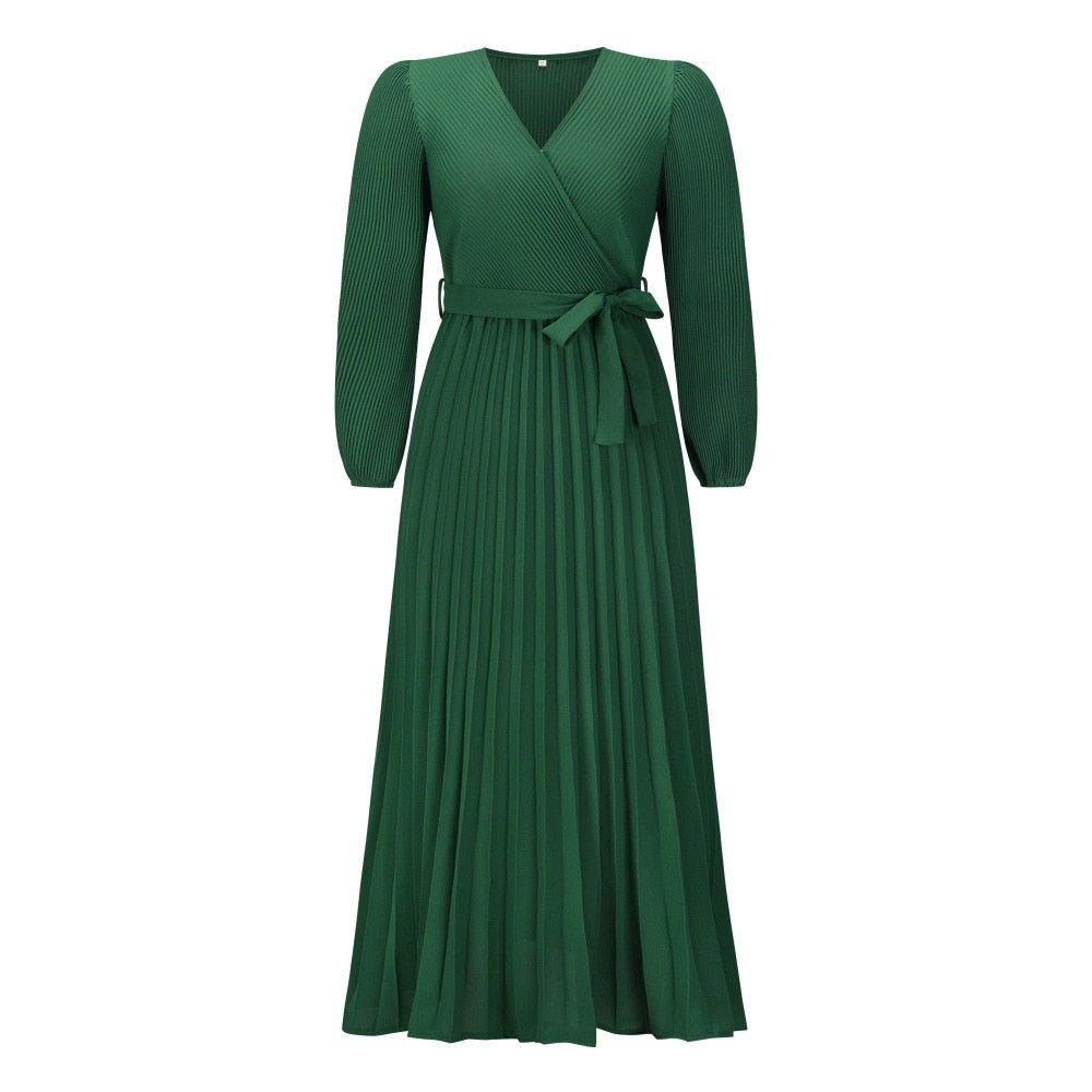 Women’s Maxi Dress Pleated Wrap Waist Tie Long Sleeve