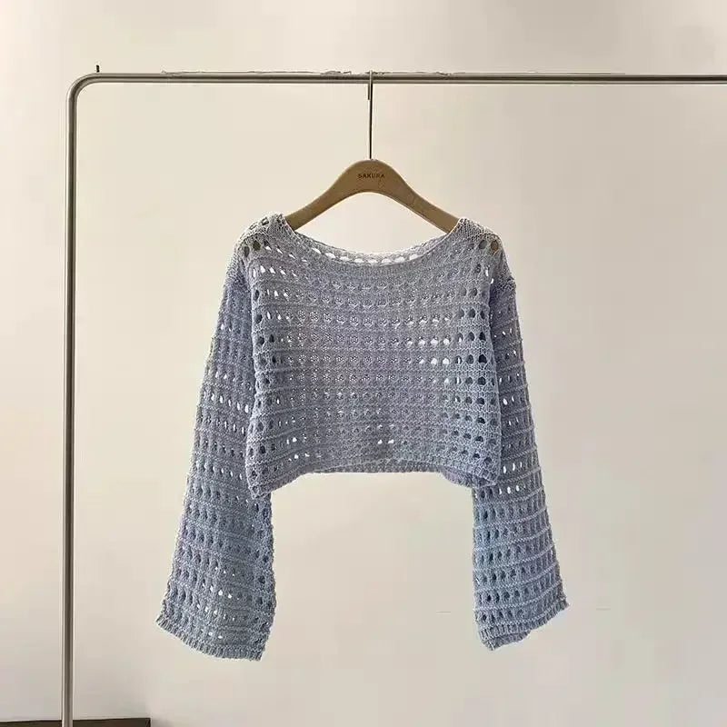 Top corto de punto de crochet para mujer, con mangas largas y anchas - Capa ligera y holgada para las vacaciones de verano