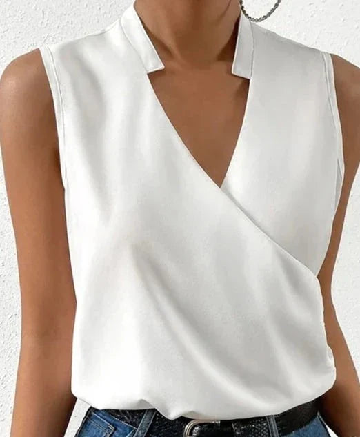 Blouse sans manches pour femme à effet cache-cœur avec col montant - Haut à col V pour le bureau et les soirées