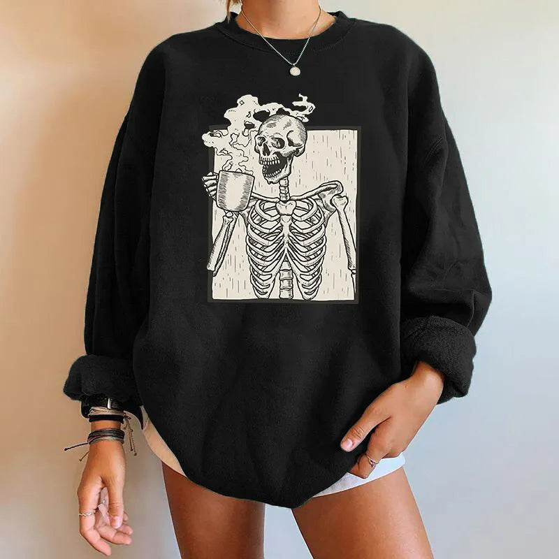 Women’s Skeleton Coffee Graphic Sweatshirt – Relaxed Halloween Pullover for Casual Autumn Wear
