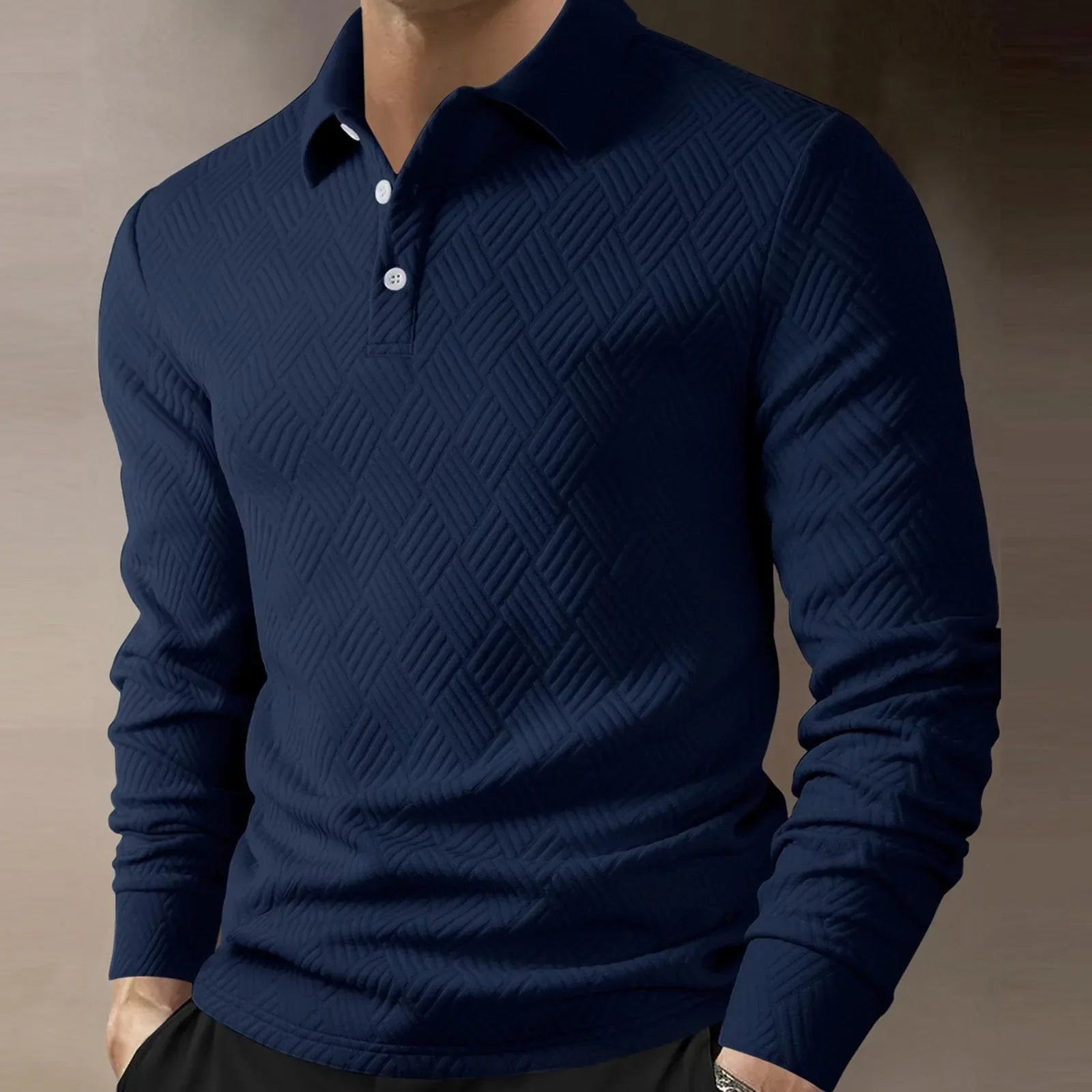 Men’s Long Sleeve Polo Shirt Textured Knit Smart Casual Top