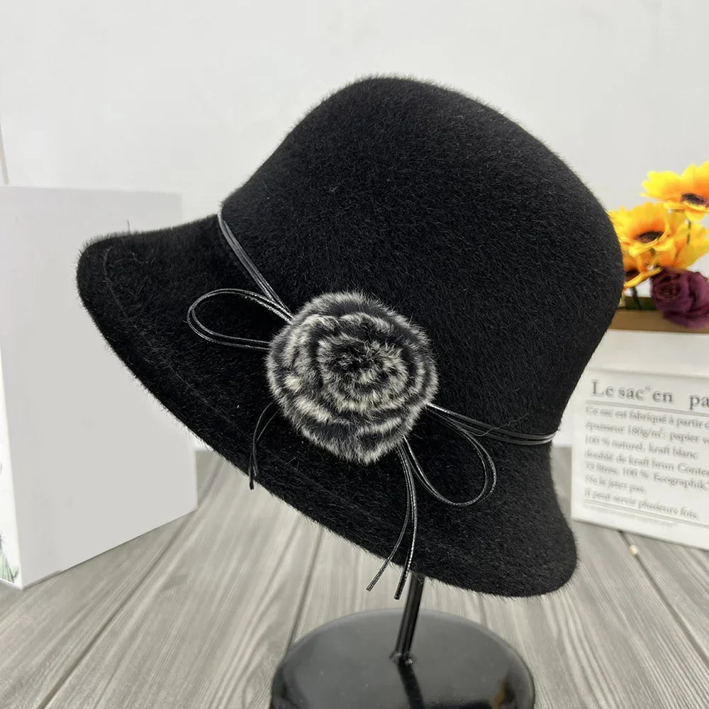 Női gyapjúkeverék cloche téli kalap - vintage dóm karimás sapka virágos masnival rögzítve