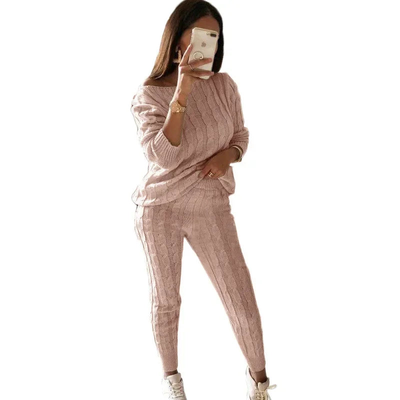 Ensemble pour femme composé d'un pull en maille torsadée et d'un pantalon de jogging à col large - Tenue d'intérieur décontractée deux pièces avec pantalon à poignets pour l'automne et l'hiver