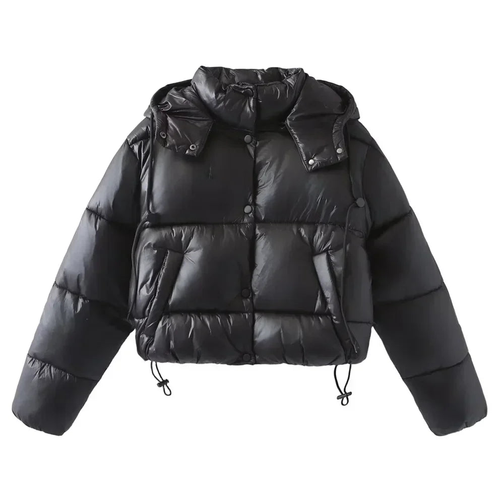 Dámska hrubá prešívaná skrátená páperová bunda s odnímateľnou kapucňou a vysokým golierom – oversized izolované zimné vrchné oblečenie na ležérny streetwear a každodenné obliekanie do chladného počasia
