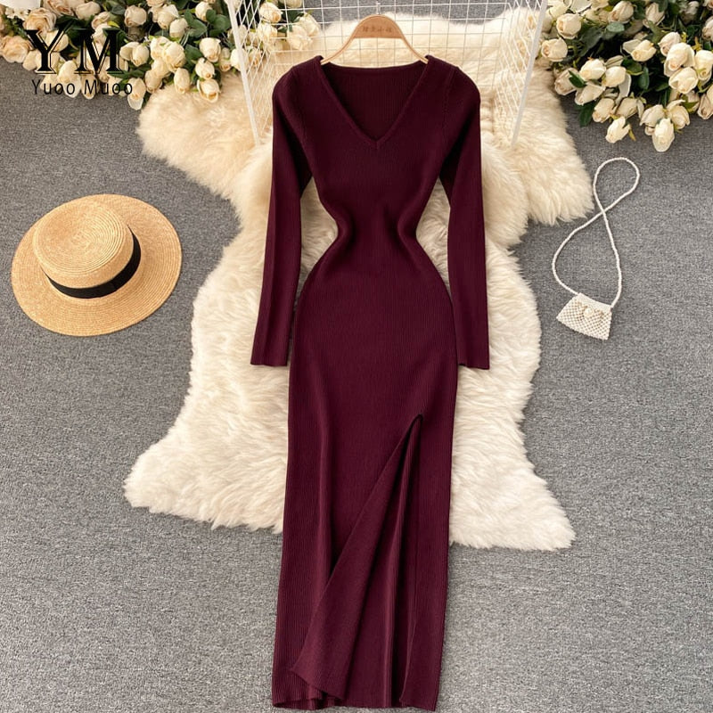 Women’s Ribbed Knit Bodycon Maxi Dress – Long Sleeve V-Neck Style for Autumn and Winter
