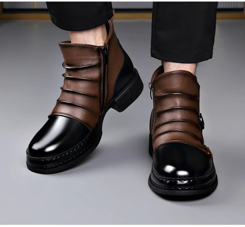 Men’s Retro Ankle Boots – Warm-Lined Side-Zip Low-Heel Winter Boots with Ruched Upper and Buckle Detail