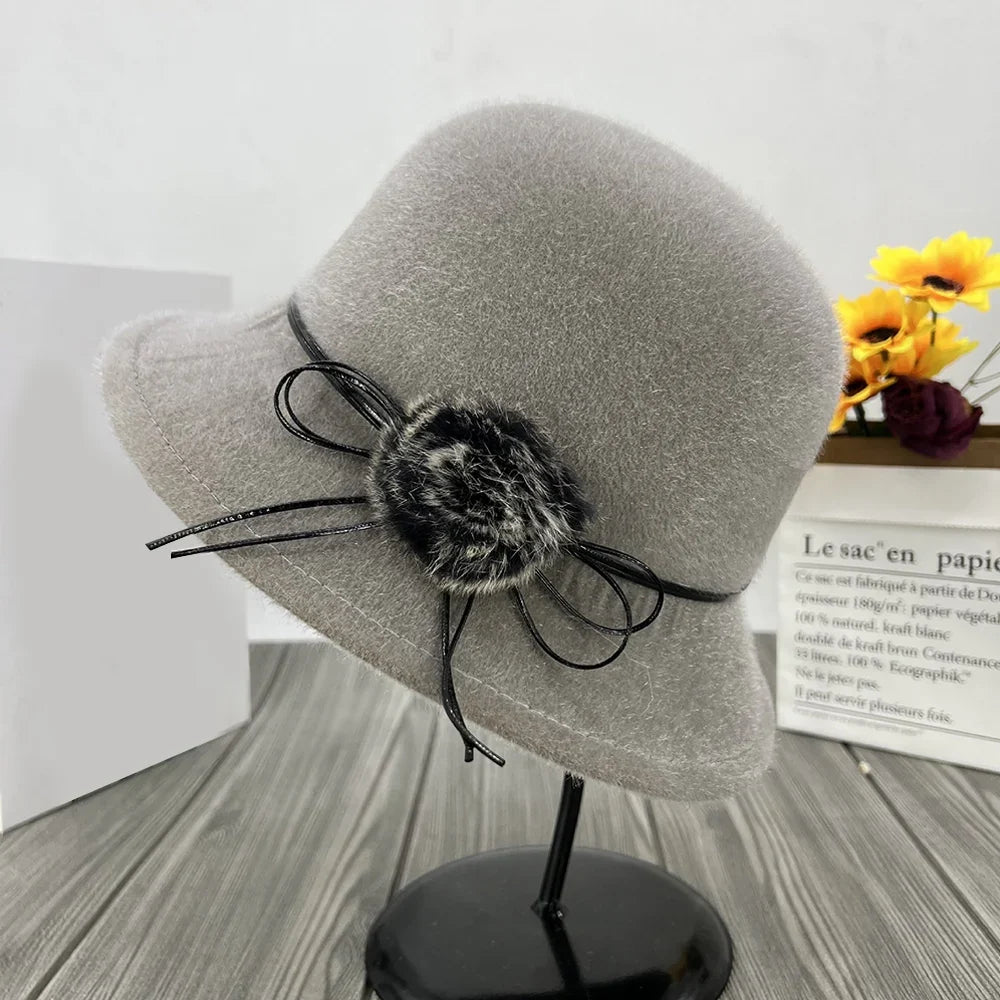 Női gyapjúkeverék cloche téli kalap - vintage dóm karimás sapka virágos masnival rögzítve