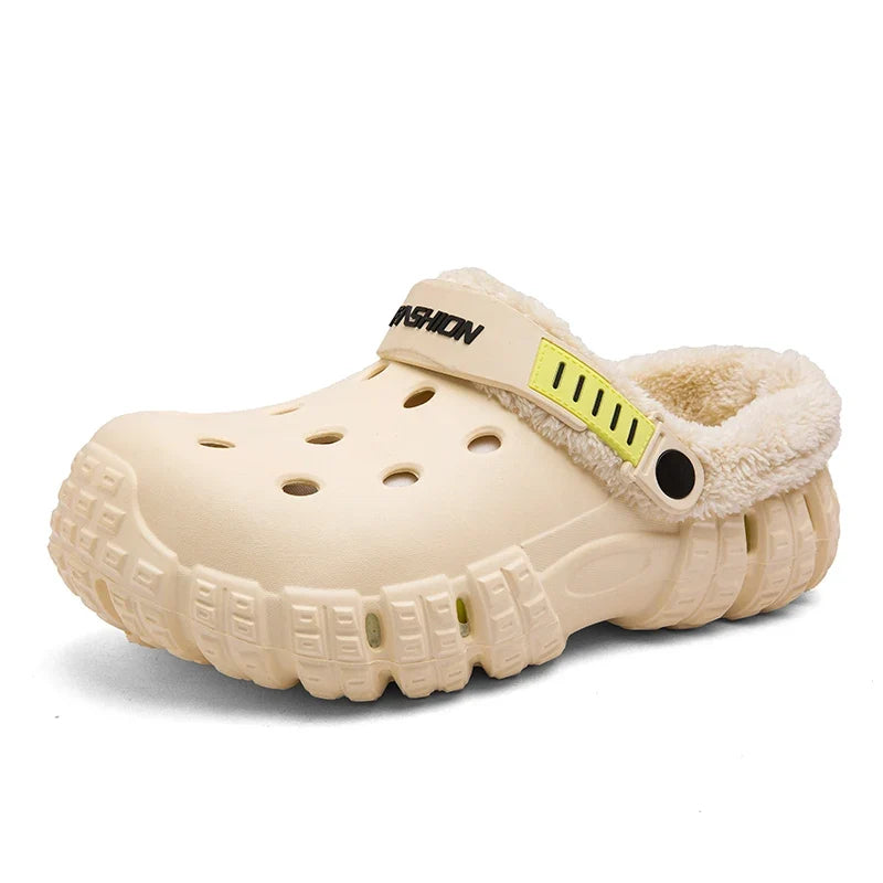 Men’s Fleece-Lined Clog Slippers – Ventilated Winter Garden Shoes with Pivoting Heel Straps