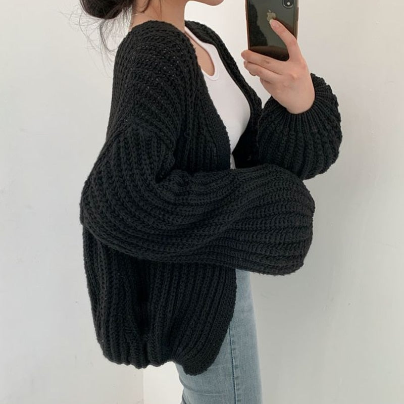 Cardigan gros tricotat pentru femei, mâneci bufante, croială lejeră, stratificabil