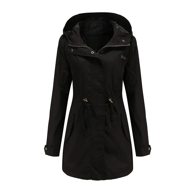 Chaqueta parka ligera con capucha para mujer, cintura ajustable con cordón y cuello alto – Prenda de abrigo utilitaria de manga larga y corte holgado, con bolsillos delanteros, para el día a día informal en primavera y otoño