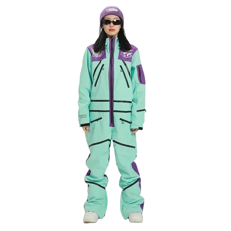 Damski wodoodporny kombinezon narciarski ze stójką – oddychający jednoczęściowy strój zimowy do jazdy na nartach i snowboardzie