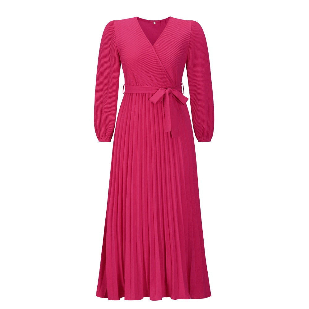Women’s Maxi Dress Pleated Wrap Waist Tie Long Sleeve