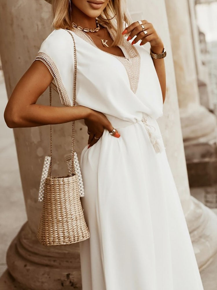 Vestido de verano para mujer con cintura de borlas, escote en V y detalle de crochet