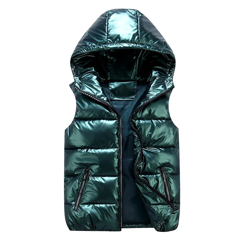 Men’s Glossy Cotton Puffer Gilet – Hooded Sleeveless Winter Layer with Zip Pockets