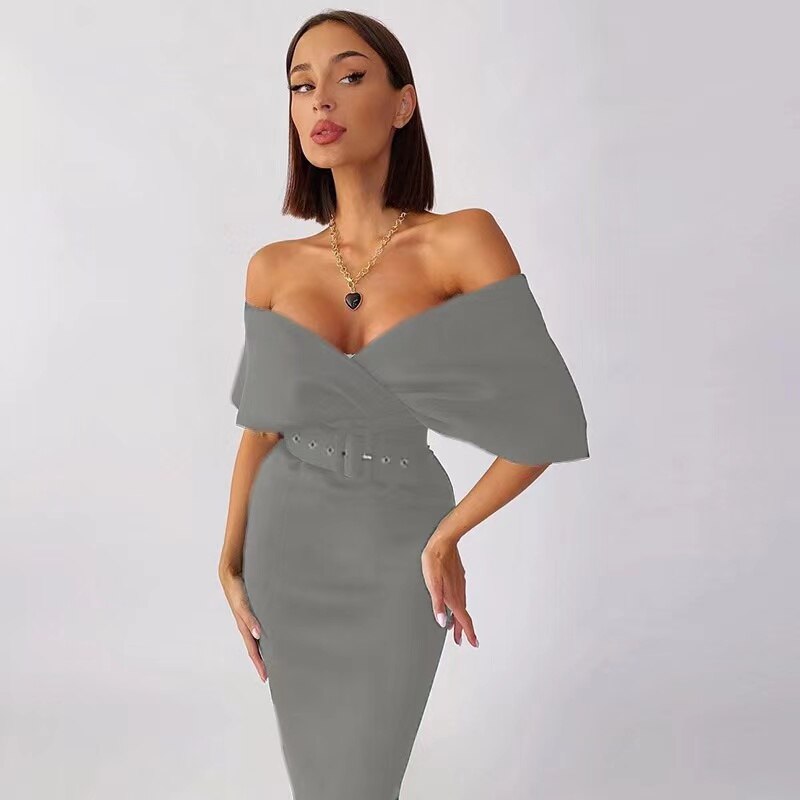 Abito aderente da donna con spalle scoperte, cintura strutturata, midi elegante