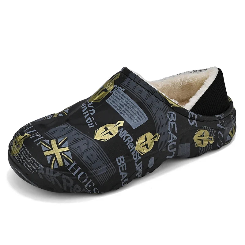 Men’s Fleece-Lined Clog Slippers – Printed Closed-Toe Winter Shoes with Supportive Sole