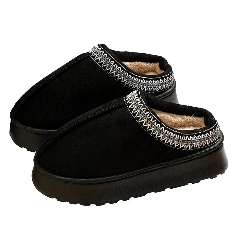 Women’s Plush-Lined Platform Slippers – Closed-Toe Winter House Shoes with Decorative Trim