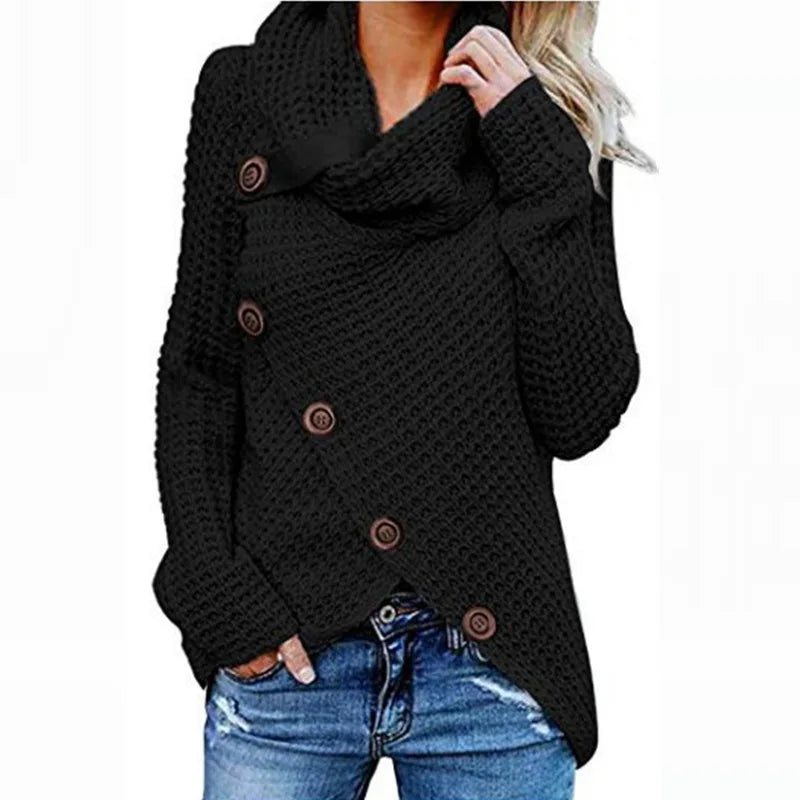 Women's Chunky Knit Turtleneck Sweater with Asymmetric Button Front and Oversized Cowl Neck – Relaxed Fit Textured Long Sleeve Pullover with Draped Hem for Cosy Autumn and Winter Casual Wear