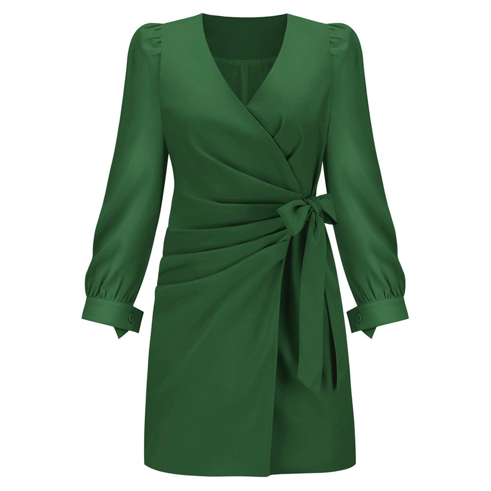 Women’s Wrap Mini Dress Long Sleeve V Neck Waist Tie