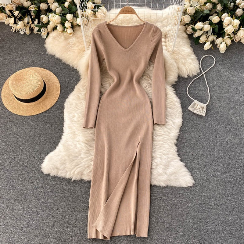 Women’s Ribbed Knit Bodycon Maxi Dress – Long Sleeve V-Neck Style for Autumn and Winter