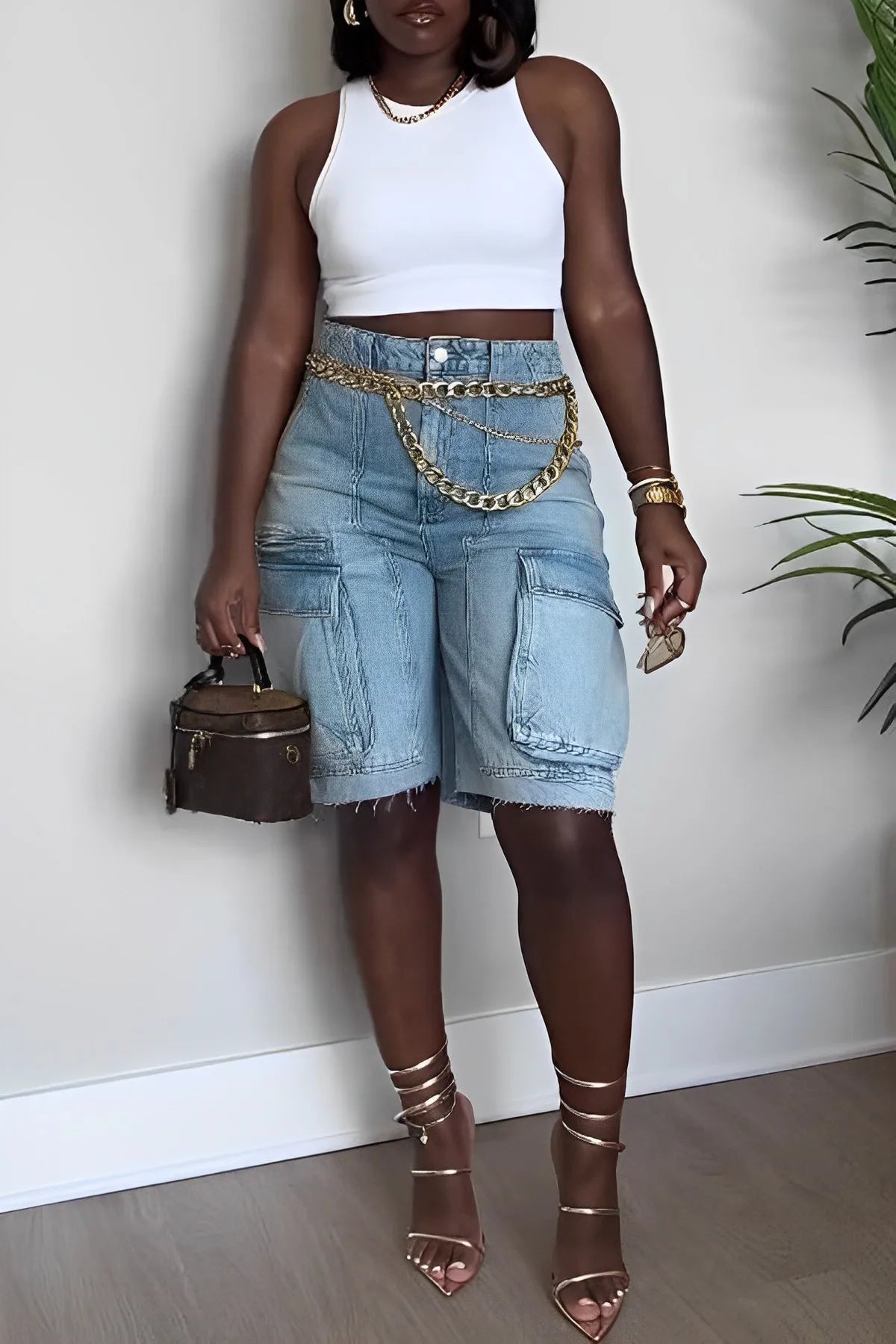 Calções bermudas cargo de ganga femininos de cintura subida - modelo utilitário descontraído até ao joelho com bolsos grandes para streetwear de verão e uso casual diário