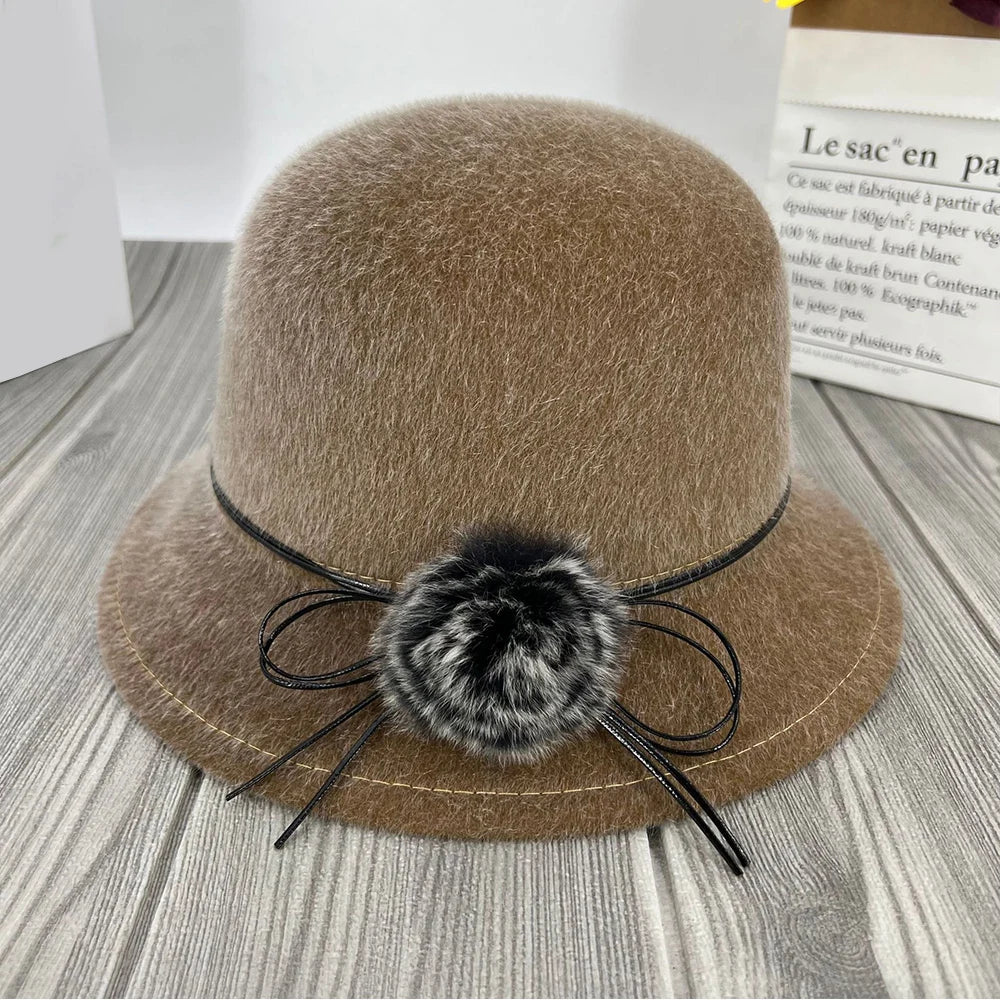 Női gyapjúkeverék cloche téli kalap - vintage dóm karimás sapka virágos masnival rögzítve
