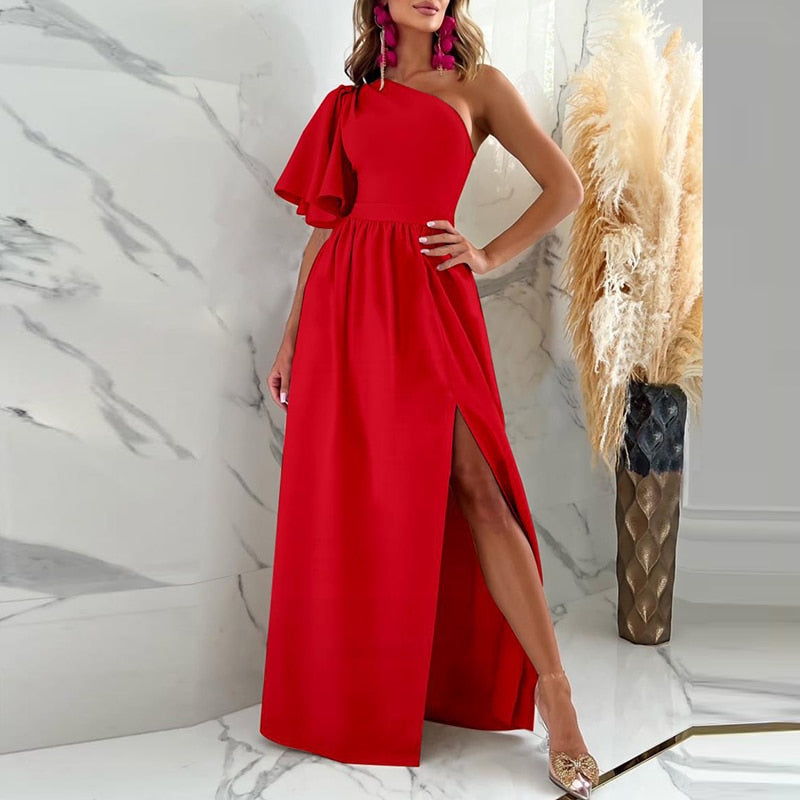 Vestido largo de una sola manga para mujer con abertura en el muslo, elegante vestido de noche