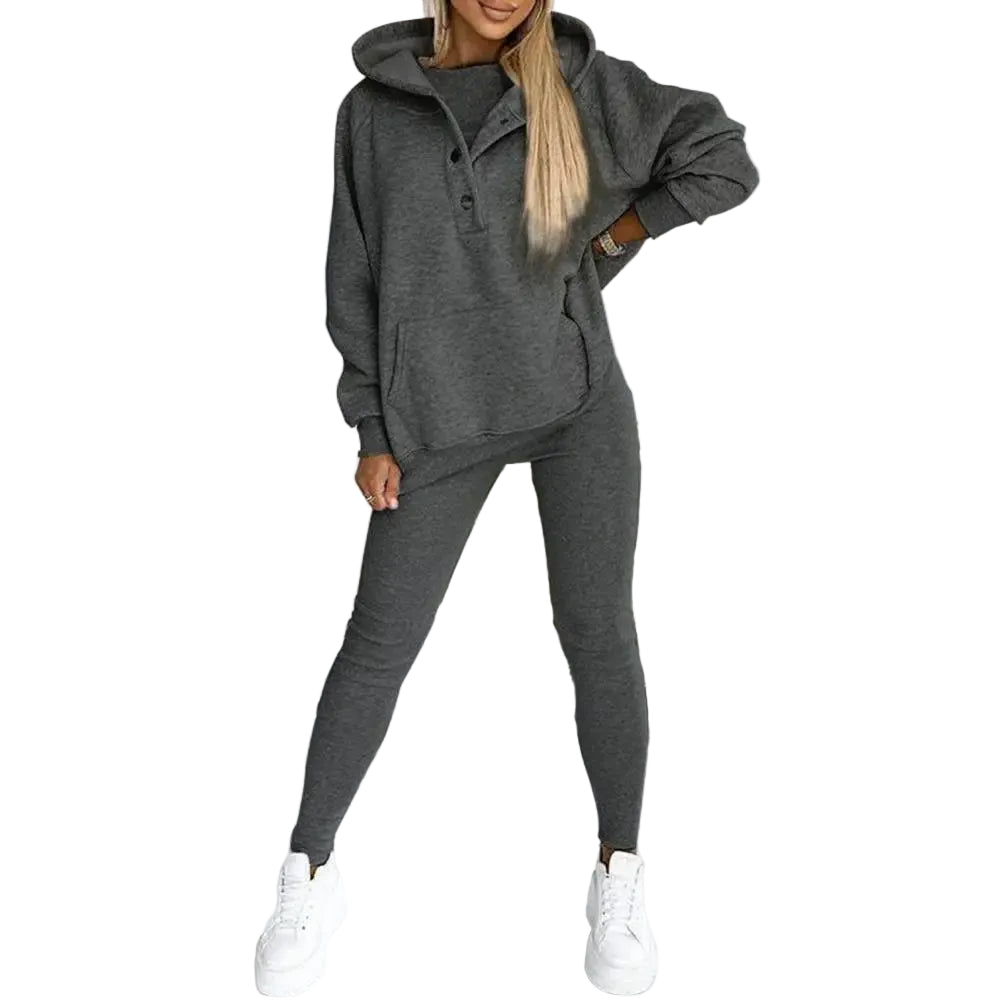 Dámská třídílná souprava pro volný čas - asymetrická mikina s kapucí, tílkem a úzkými kalhotami pro ležérní streetwear