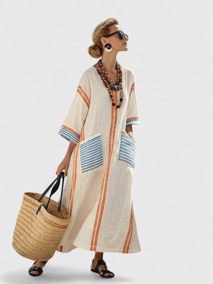 Women’s Oversized Striped Kaftan V Neck Maxi Dress
