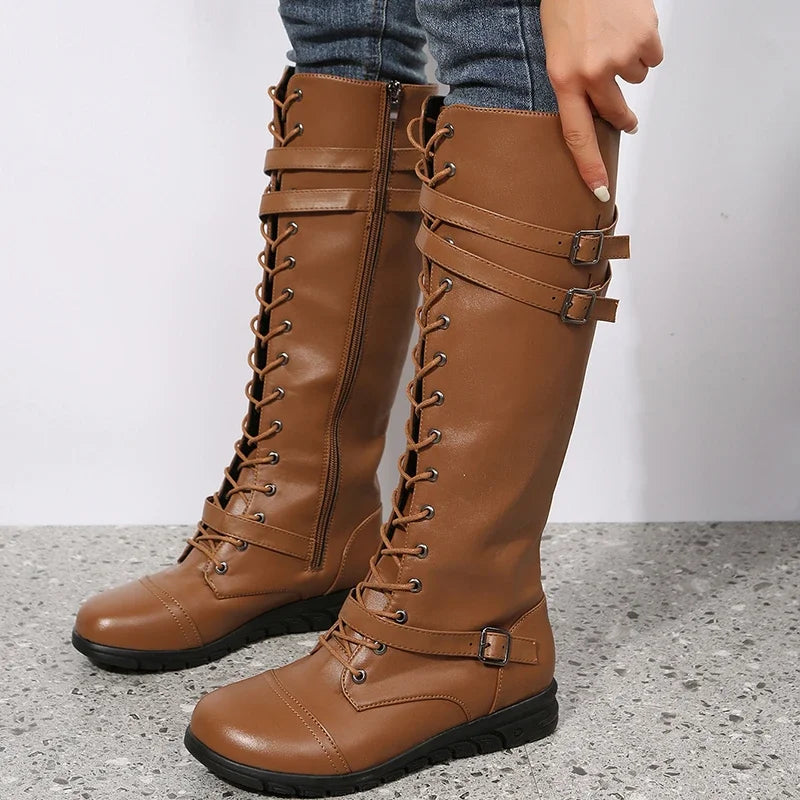 Women’s Leather Knee-High Lace-Up Boots – Buckle-Strap Side-Zip Winter Combat Boots