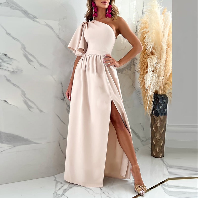 Vestido largo de una sola manga para mujer con abertura en el muslo, elegante vestido de noche