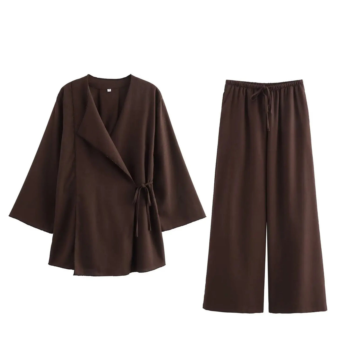 Damen-Leinen-Zweiteiler – Wickeltop im Kimono-Stil mit Hose mit weitem Bein für müheloses Tragen im Frühling und Sommer