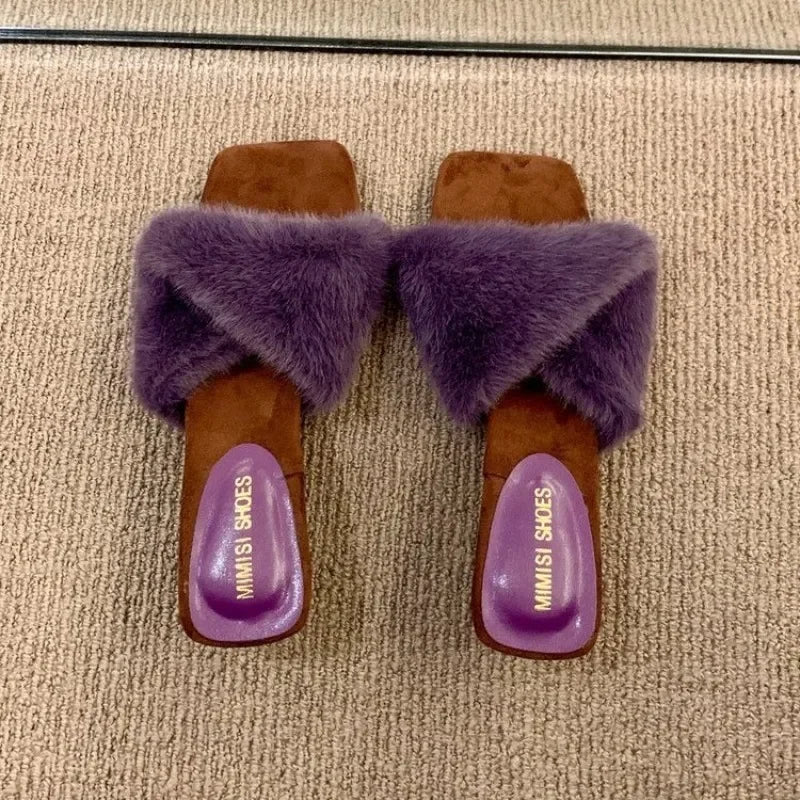 Women’s Faux-Fur Heeled Slippers – Cross-Strap Open-Toe Mules with Sculpted Block Heels