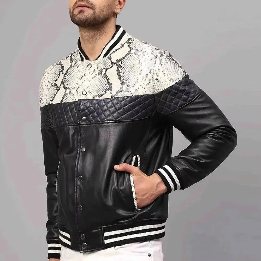 Men’s Slim Fit Stand Collar Leather Bomber Jacket Breathable Winter Outerwear Stylish Customisable Front