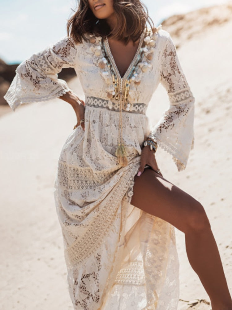 Kvinders Boheme Blonde Maxi Kjole Ærmeløs V-Hals Strand Sommerkjole
