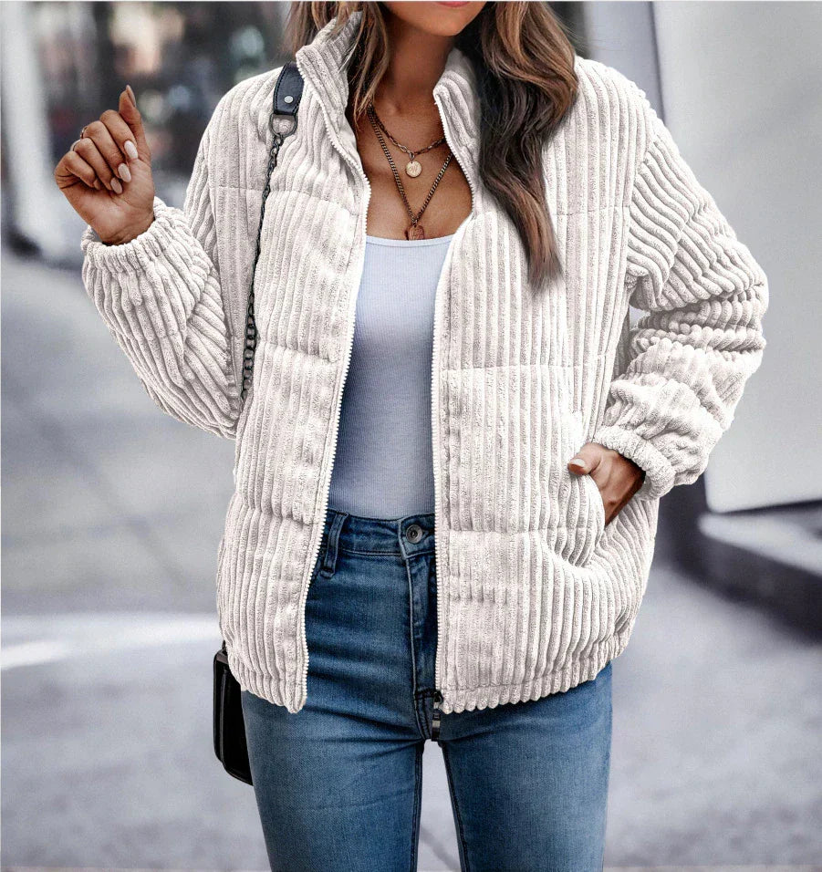 Veste en velours côtelé côtelé pour femme – couche décontractée zippée pour un style hivernal casual