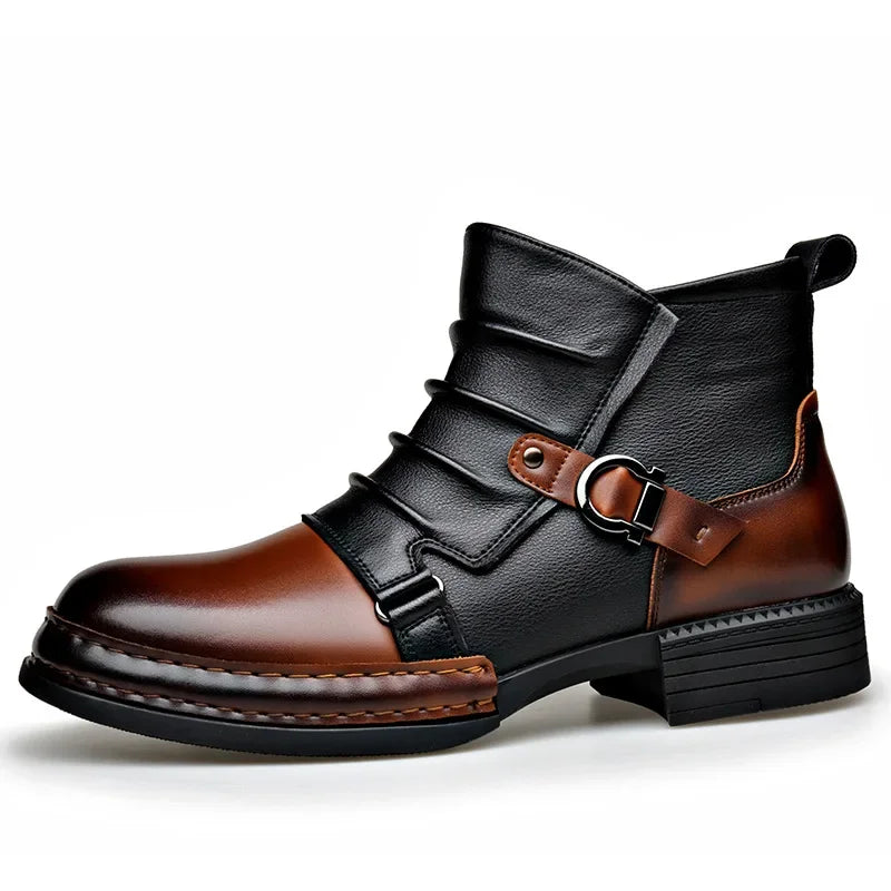 Men’s Retro Ankle Boots – Warm-Lined Side-Zip Low-Heel Winter Boots with Ruched Upper and Buckle Detail