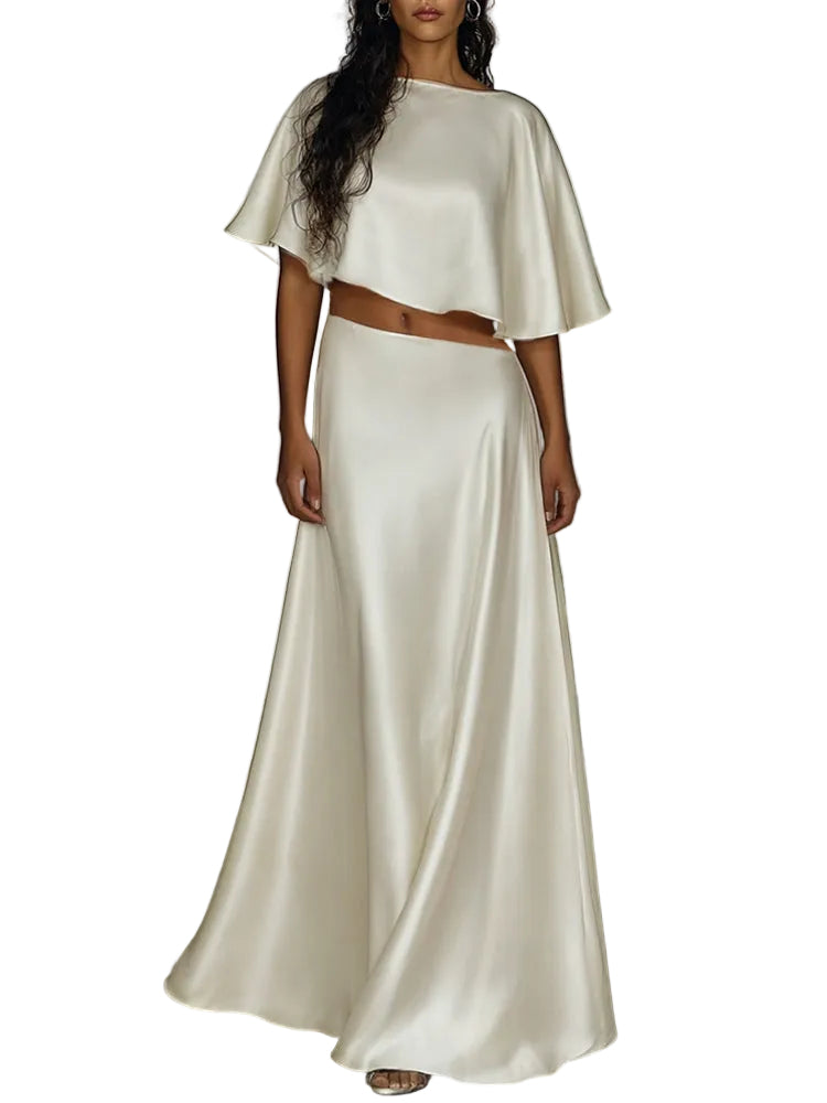 Damesasymmetrische crop-top met satijnlook, cape-mouwen en soepelvallende maxi-rok – Elegante tweedelige avondco-ord voor zomerbruiloften en bijzondere gelegenheden