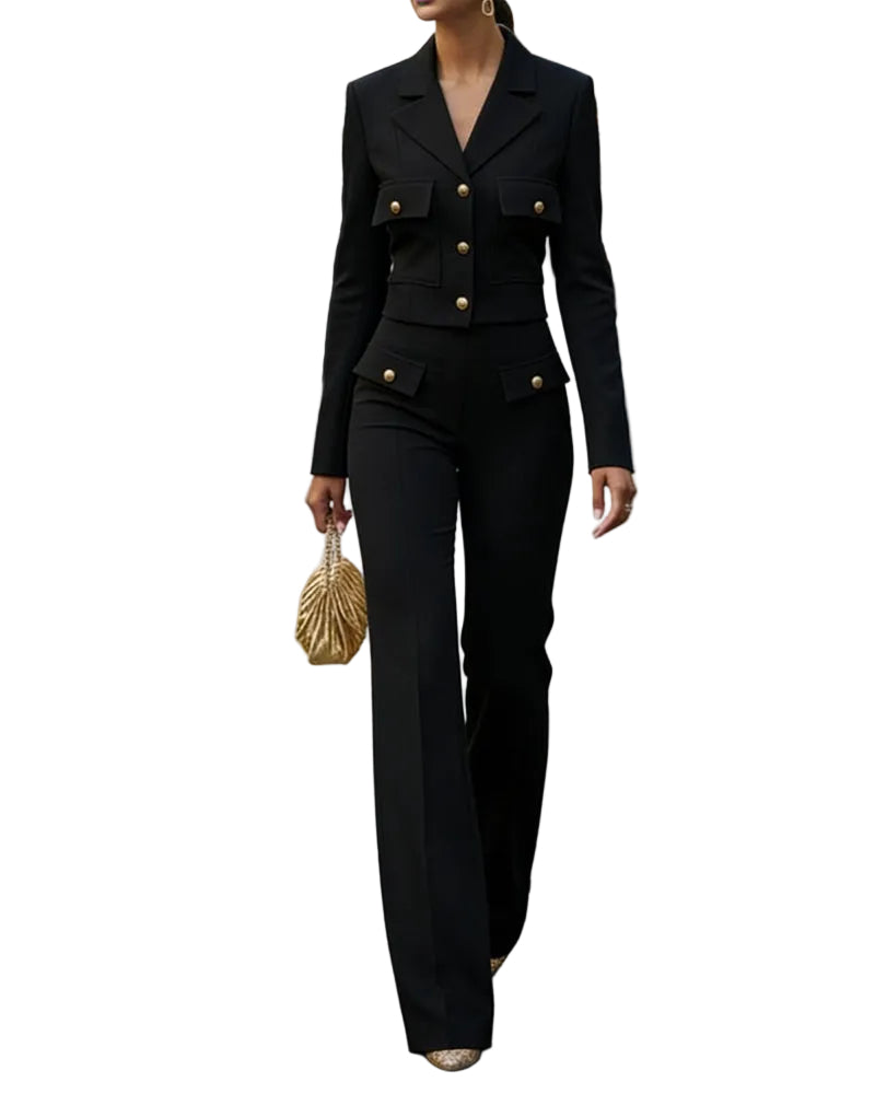 Korte getailleerde damesblazer en wijde broek met hoge taille, tweedelige set met gouden knopen – Elegante business-casualoutfit voor kantoor en formele gelegenheden